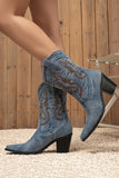 Dark Blue Wide Calf Pointed Toe Chunky Heel Embroidered Cowgirl Boots
