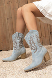 Dark Blue Wide Calf Pointed Toe Chunky Heel Embroidered Cowgirl Boots