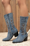 Dark Blue Pointed Toe Mid Calf Chunky Heel Embroidered Cowgirl Boots