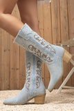 Dark Blue Pointed Toe Mid Calf Chunky Heel Embroidered Cowgirl Boots