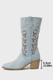 Dark Blue Pointed Toe Mid Calf Chunky Heel Embroidered Cowgirl Boots