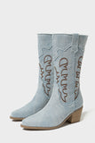 Dark Blue Pointed Toe Mid Calf Chunky Heel Embroidered Cowgirl Boots