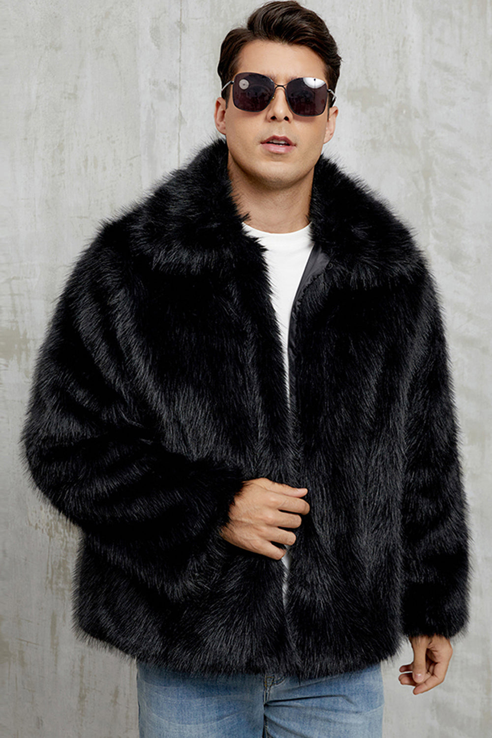Black Fluffy Faux Fur Short Winter Men's Coat