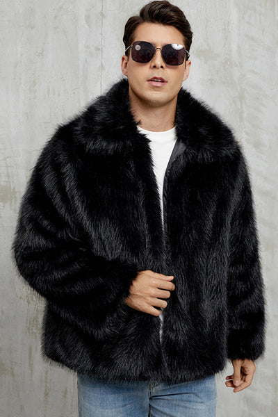 Zapaka Black Fluffy Faux Fur Short Winter Men's Coat Lapel Collar