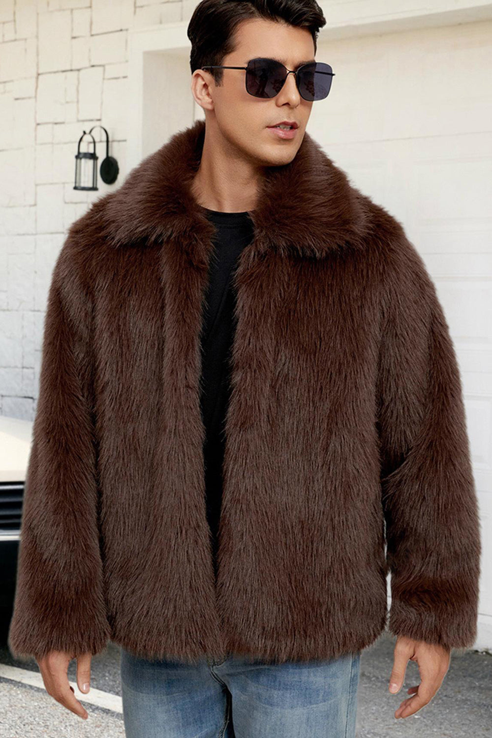 Black Fluffy Faux Fur Short Winter Men's Coat