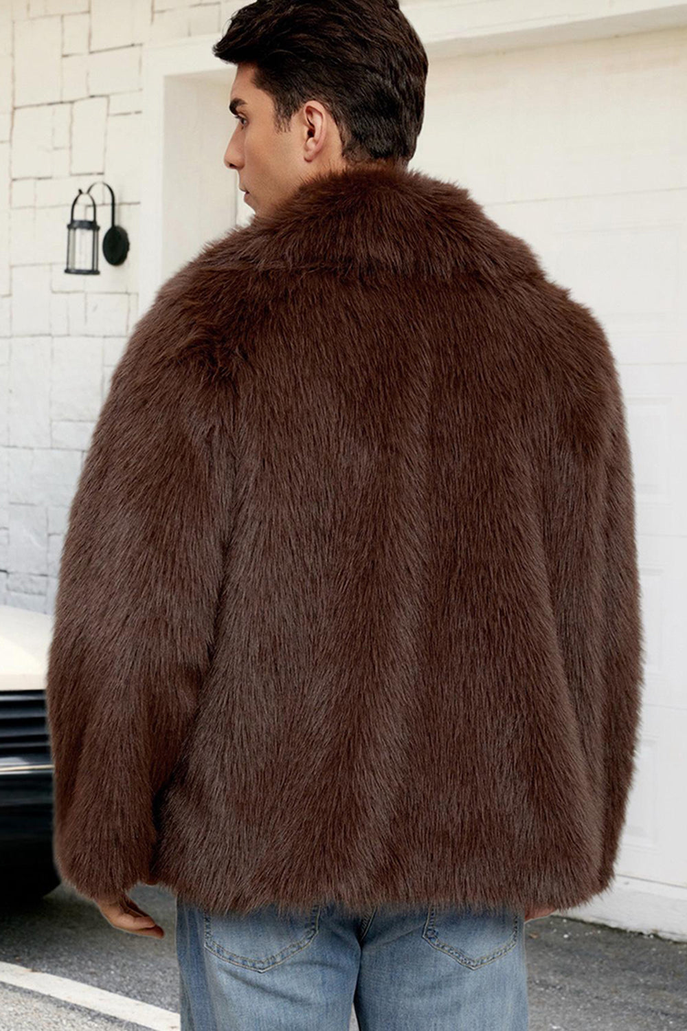 Black Fluffy Faux Fur Short Winter Men's Coat