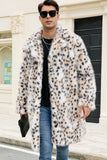 White Leopard Notched Lapel Long Faux Fur Winter Men's Coat