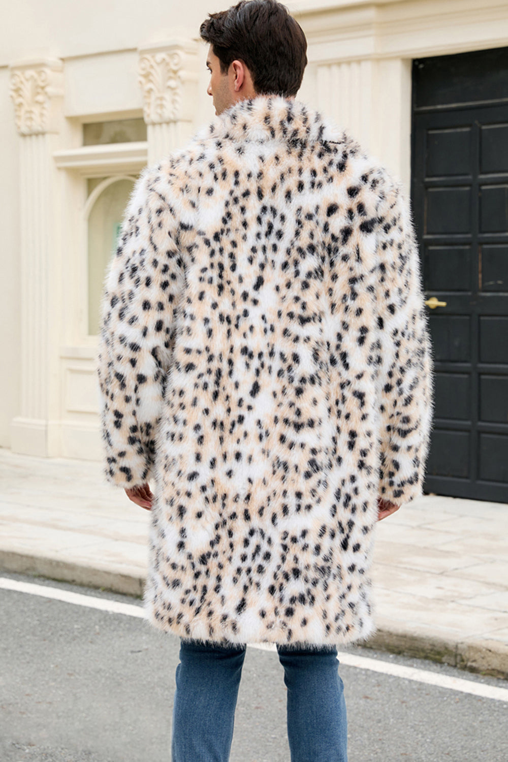 White Leopard Notched Lapel Long Faux Fur Winter Men's Coat