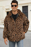 Coffee Leopard Faux Fur Men's Winter Coat with Pockets