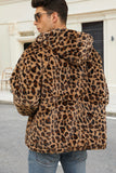Coffee Leopard Faux Fur Men's Winter Coat with Pockets