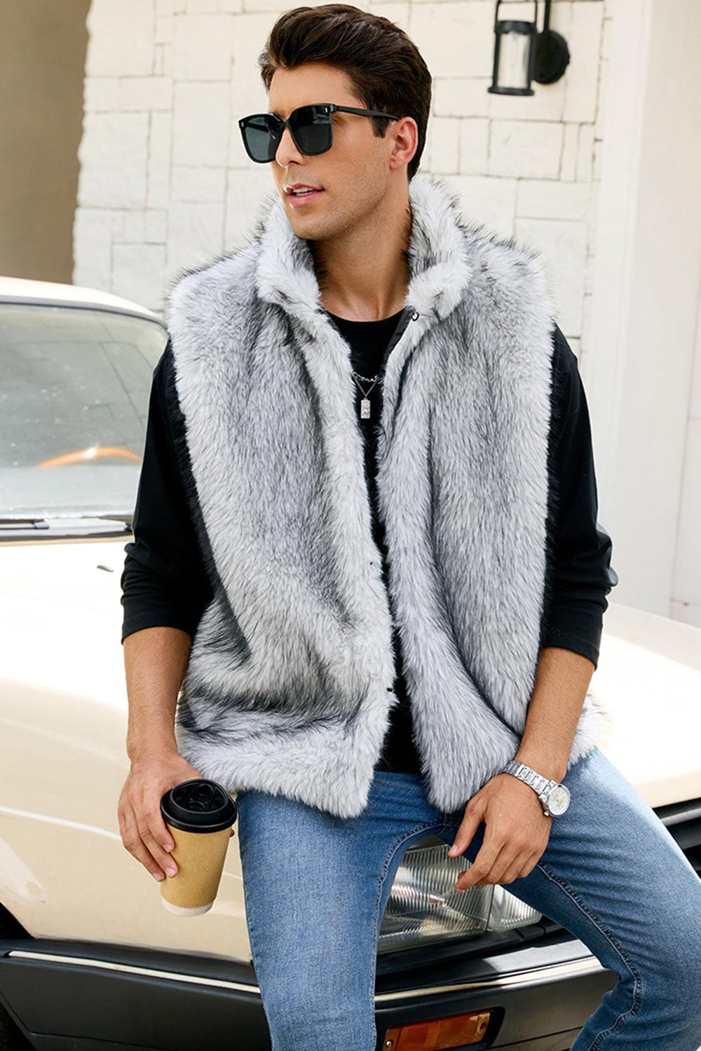 Light Grey Faux Fur Winter Men's Vest