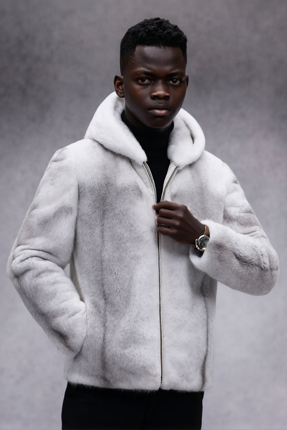 White Faux Fur Zip-Up Hooded Long Sleeve Men's Winter Coat