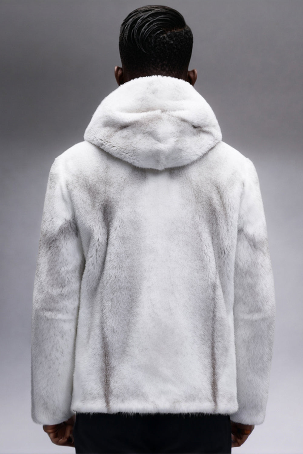 White Faux Fur Zip-Up Hooded Long Sleeve Men's Winter Coat