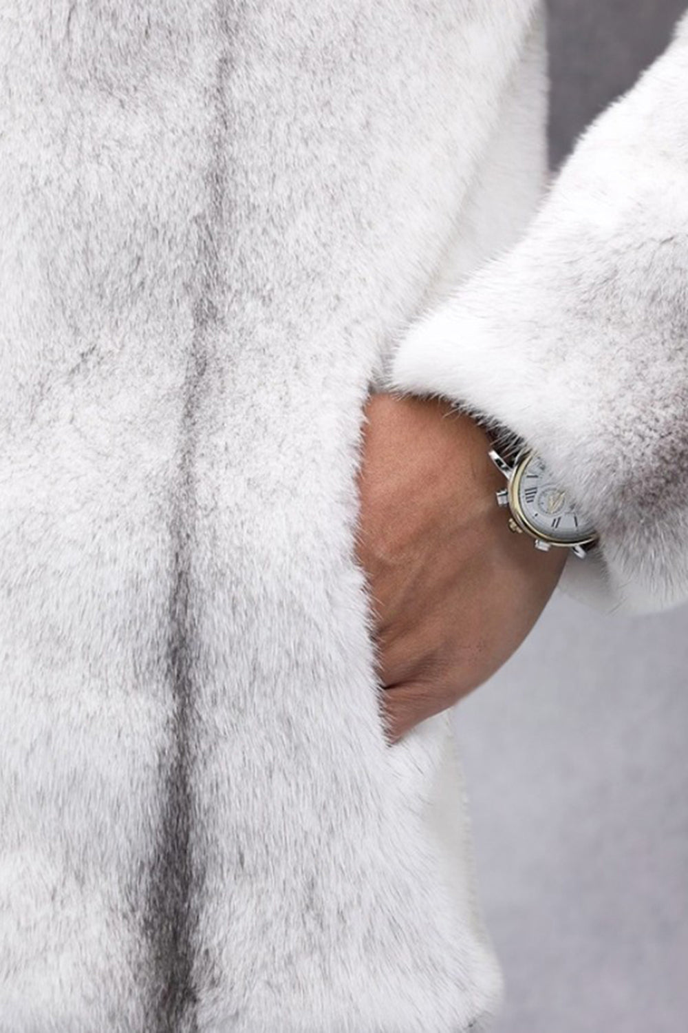 White Faux Fur Zip-Up Hooded Long Sleeve Men's Winter Coat