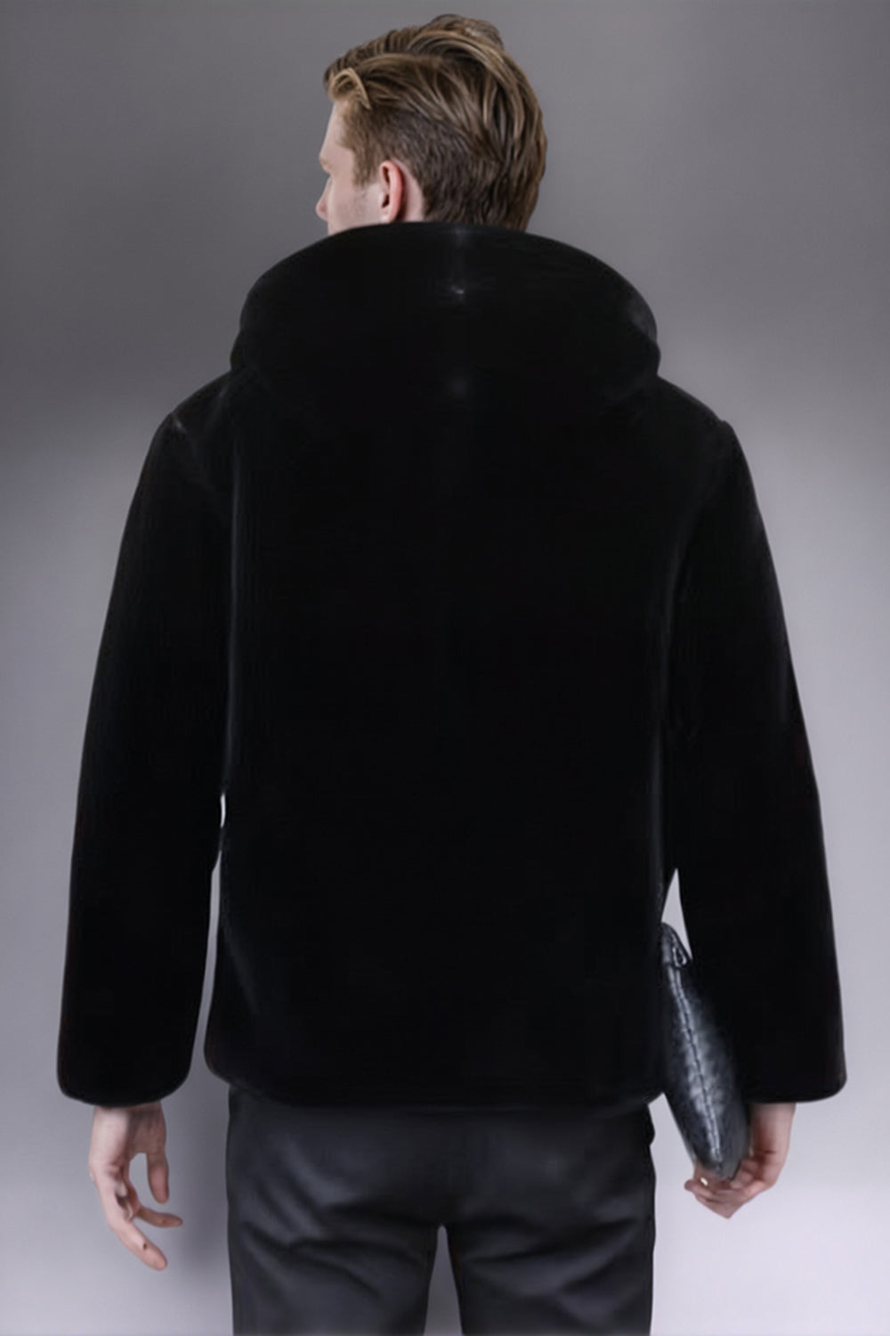 Black Faux Fur Hooded Zip-Up Long Sleeve Men's Winter Coat