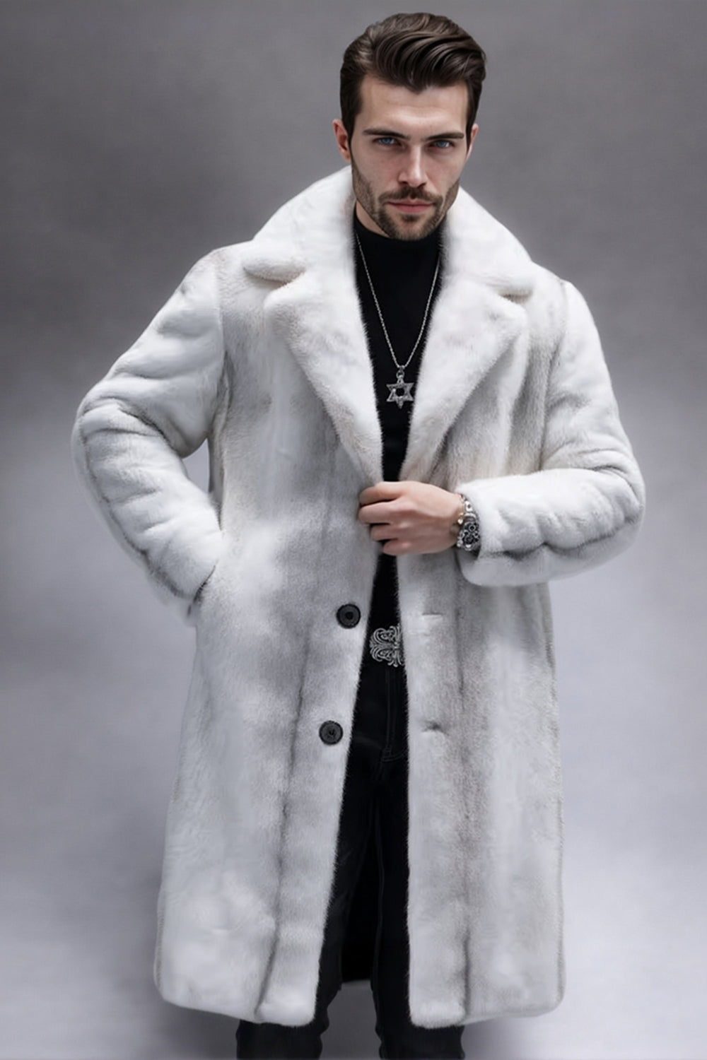 Light Grey Notched Lapel Faux Fur Long Men's Coat