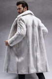 Light Grey Notched Lapel Faux Fur Long Men's Coat