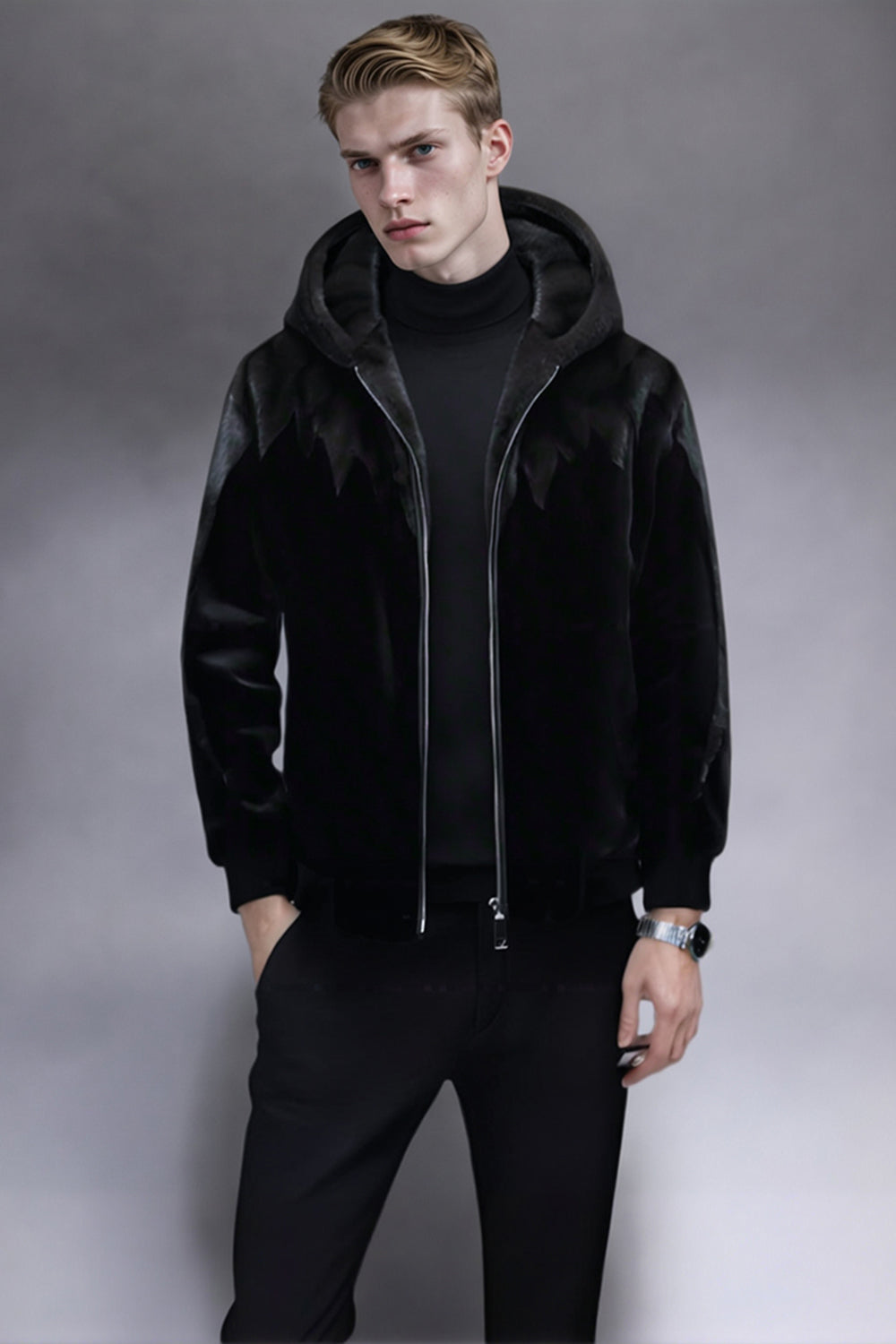 Black and White Faux Fur Zip-Up Hooded Men's Winter Coat