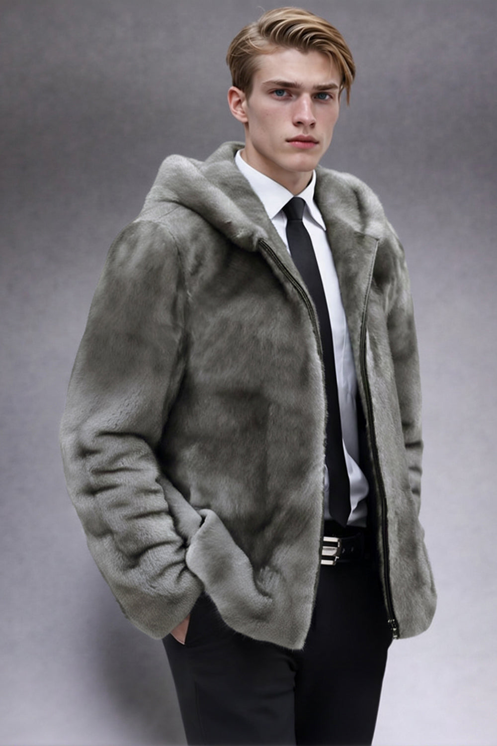 Grey Zip-Up Faux Fur Hooded Men's Winter Coat