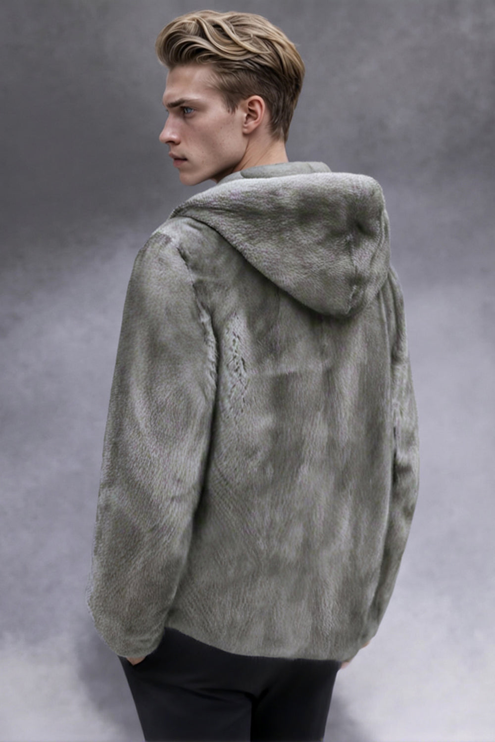 Grey Zip-Up Faux Fur Hooded Men's Winter Coat
