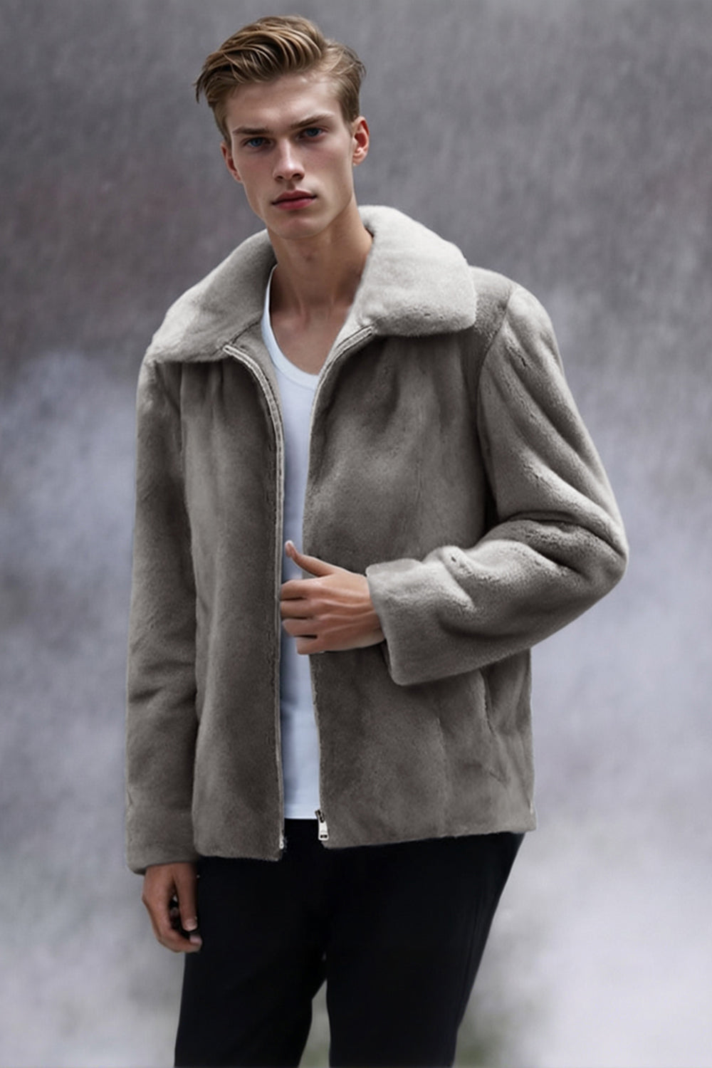 Grey Zip-Up Faux Fur Hooded Men's Winter Coat
