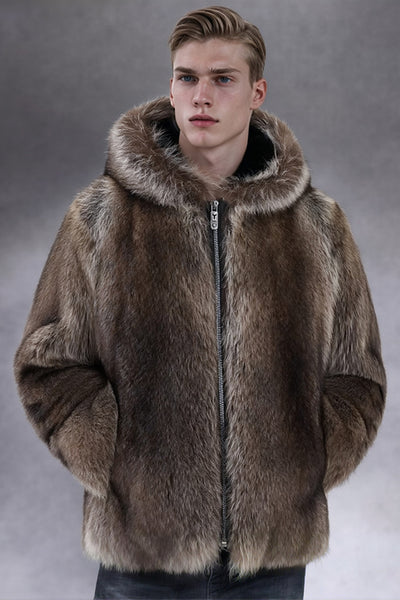 Zapaka Men Coffee Winter Coat Thick Faux Fur Hooded Jacket – ZAPAKA