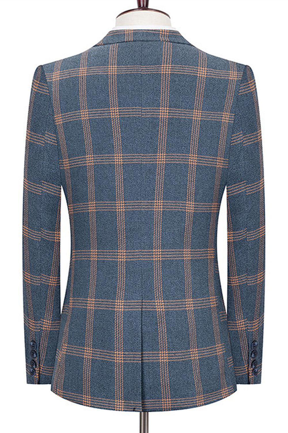 Blue Notched Lapel Slim Fit Plaid Men Suits