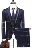 Dark Blue Notched Lapel Plaid 3-Piece Men Suits