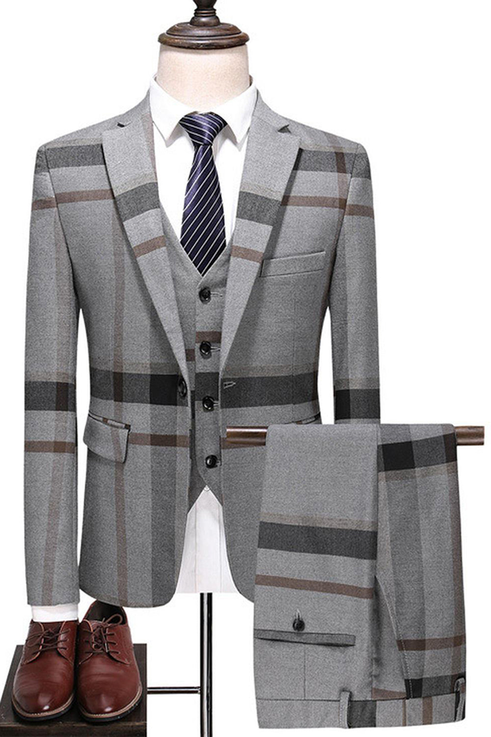 Dark Blue Notched Lapel Plaid 3-Piece Men Suits