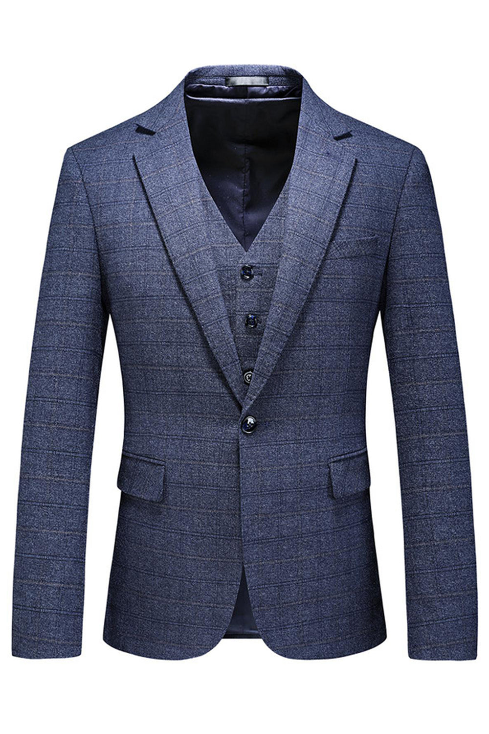 Men's Dark Blue Plaid Notched Lapel 3 Pieces Prom Suits