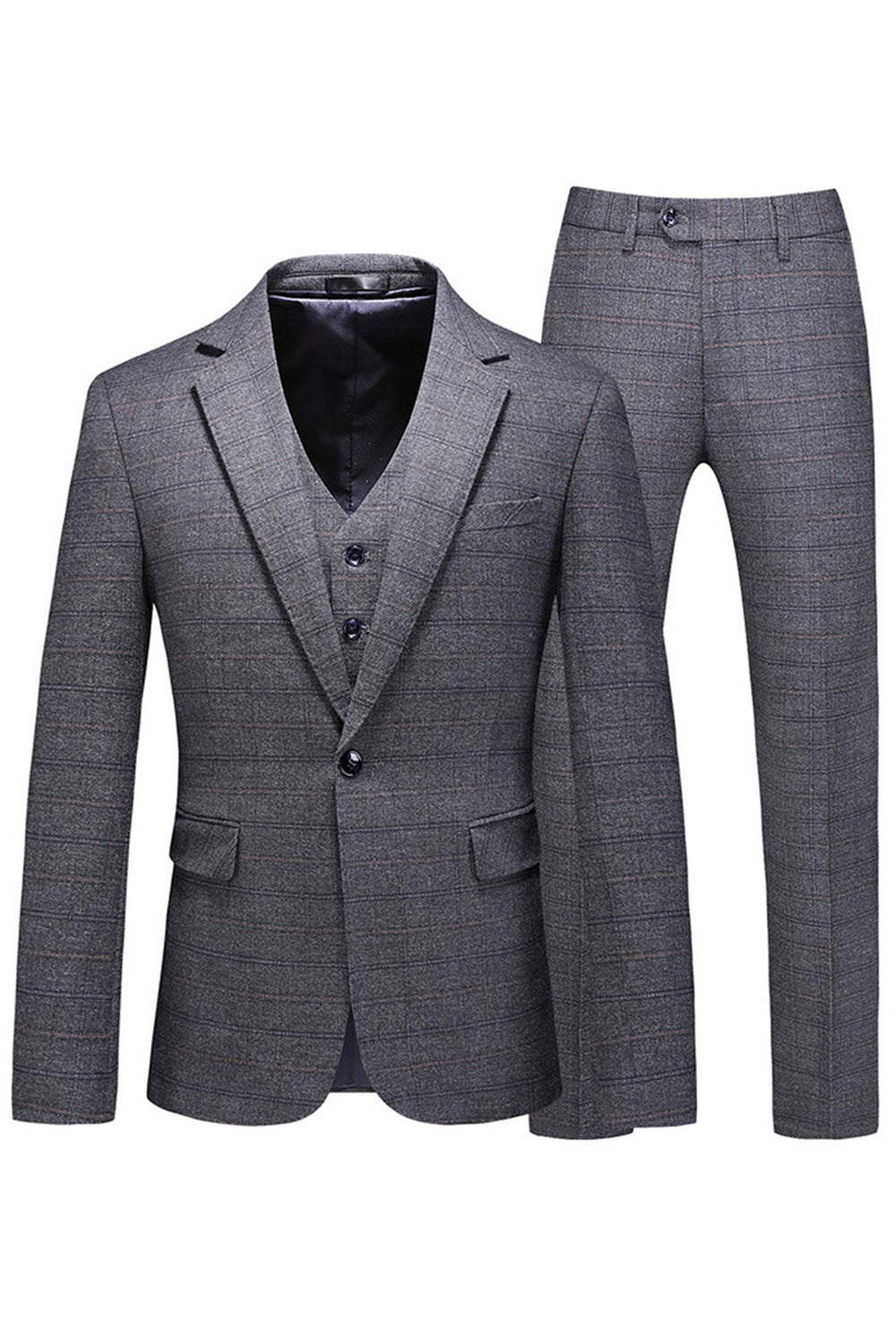 Men's Dark Blue Plaid Notched Lapel 3 Pieces Prom Suits