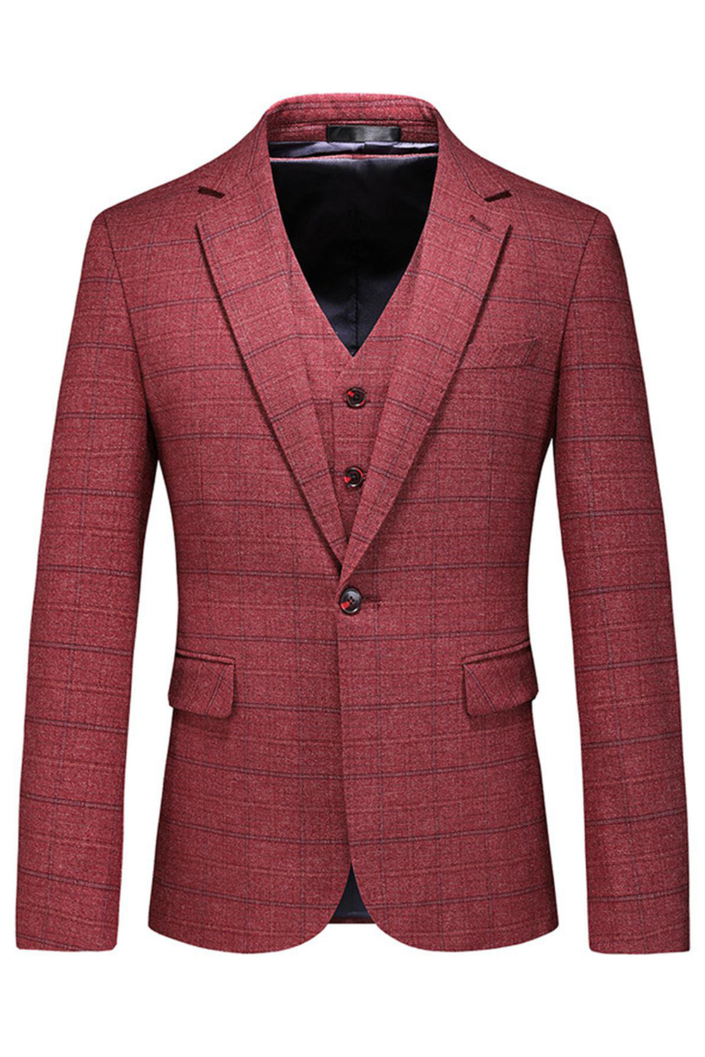 Men's Dark Blue Plaid Notched Lapel 3 Pieces Prom Suits