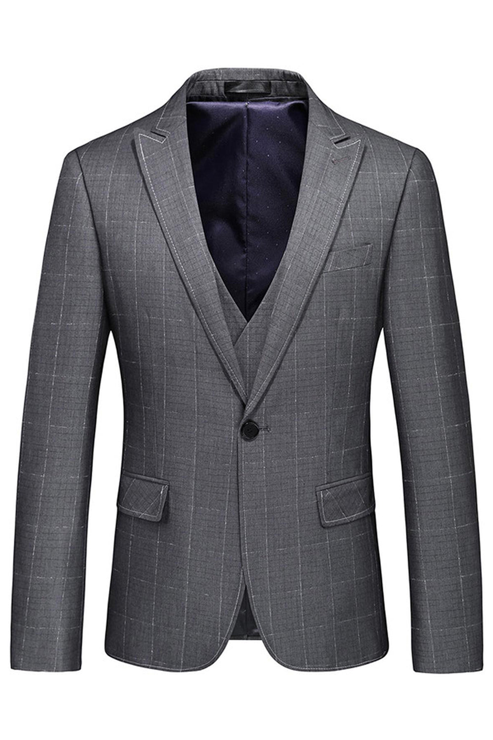 Men's Grey Plaid Peak Lapel 3 Pieces Formal Suits