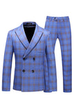 Blue Plaid Peak Lapel 2 Pieces Prom Suits