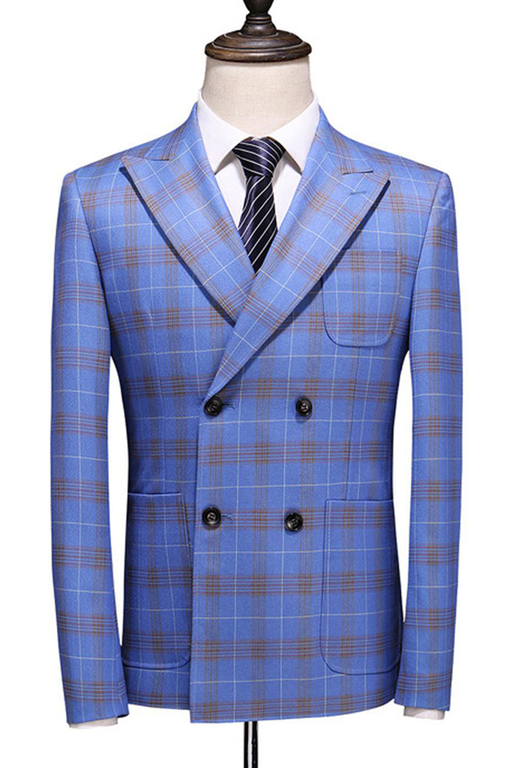 Blue Plaid Peak Lapel 2 Pieces Prom Suits