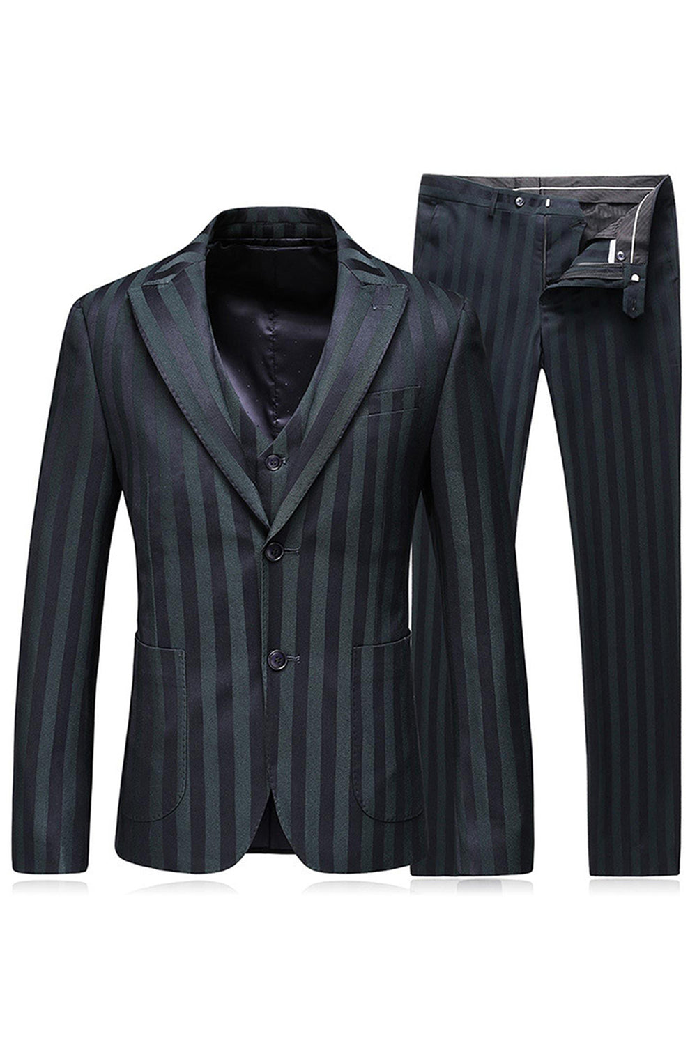 Men's Grey Green Striped Peaked Lapel 3 Pieces Prom Suits