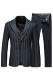 Men's Grey Green Striped Peaked Lapel 3 Pieces Prom Suits