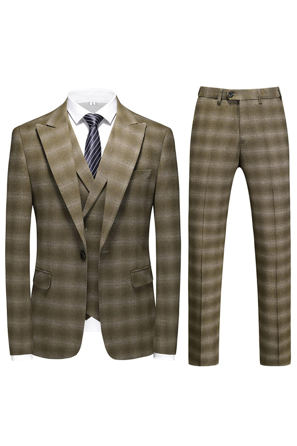 Men's Army Green Striped Peaked Lapel 3 Pieces Formal Suits