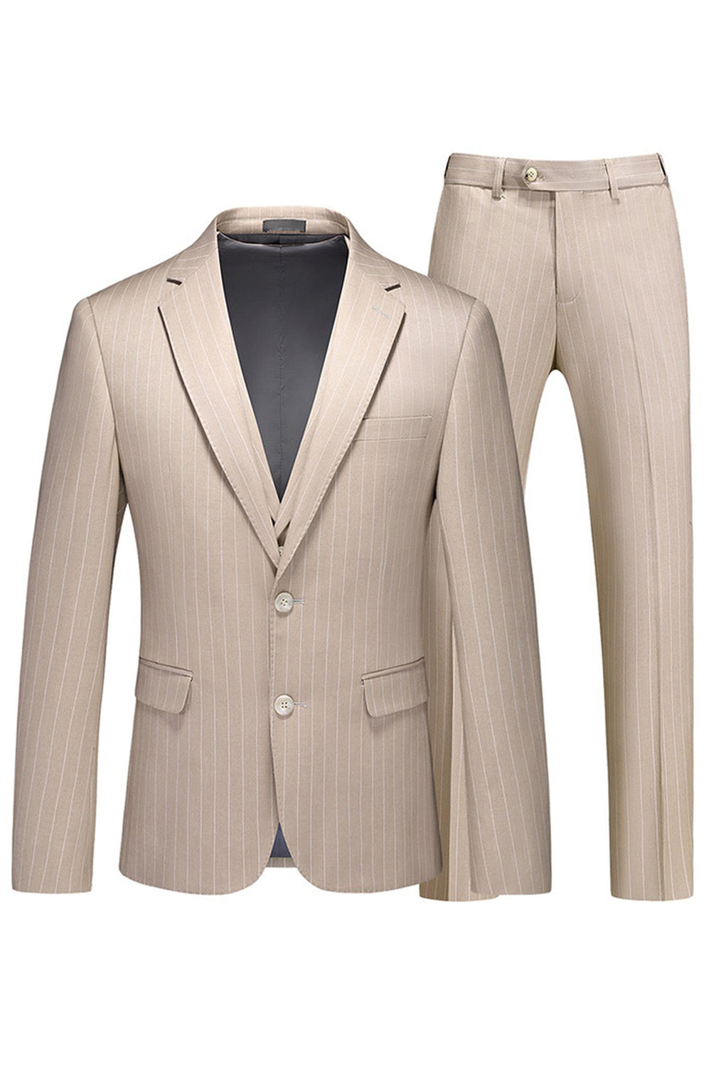 Khaki Striped 3 Pieces Notched Lapel Men's Formal Suits