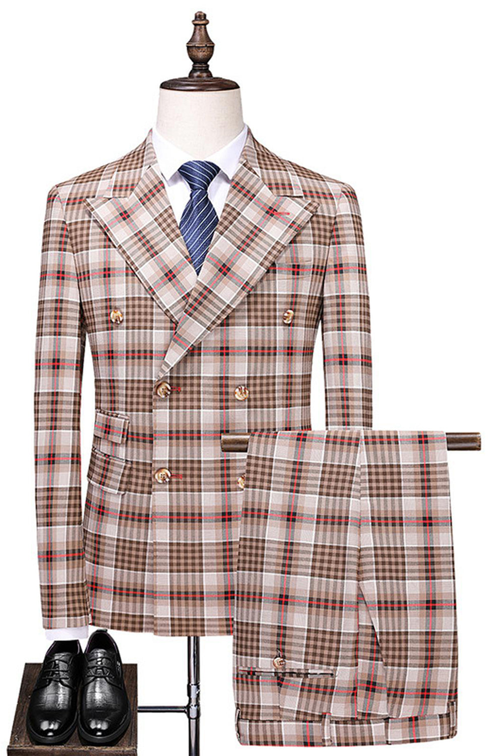 Vintage Peak Lapel Slim Fit 2 Piece Black Blue Grid Men's Suits