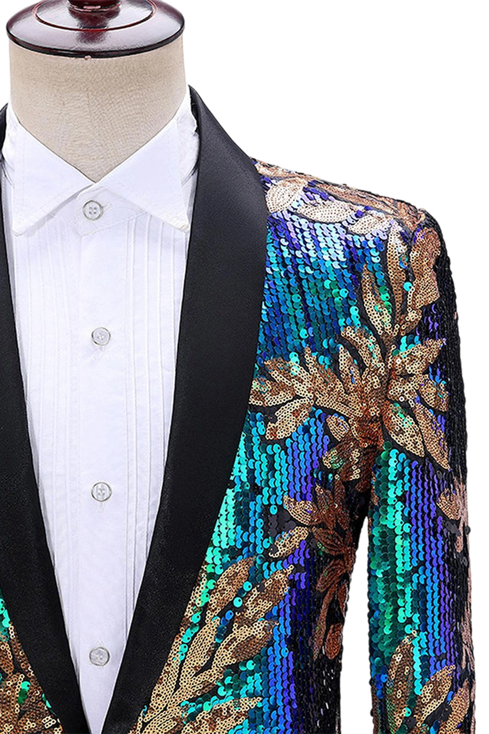 Sparkly Green and Blue Shawl Lapel One Button Men's Prom Blazer