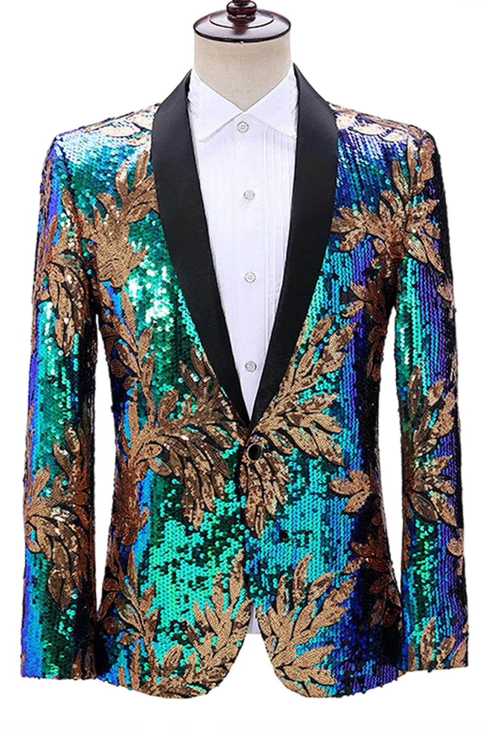 Sparkly Green and Blue Shawl Lapel One Button Men's Prom Blazer