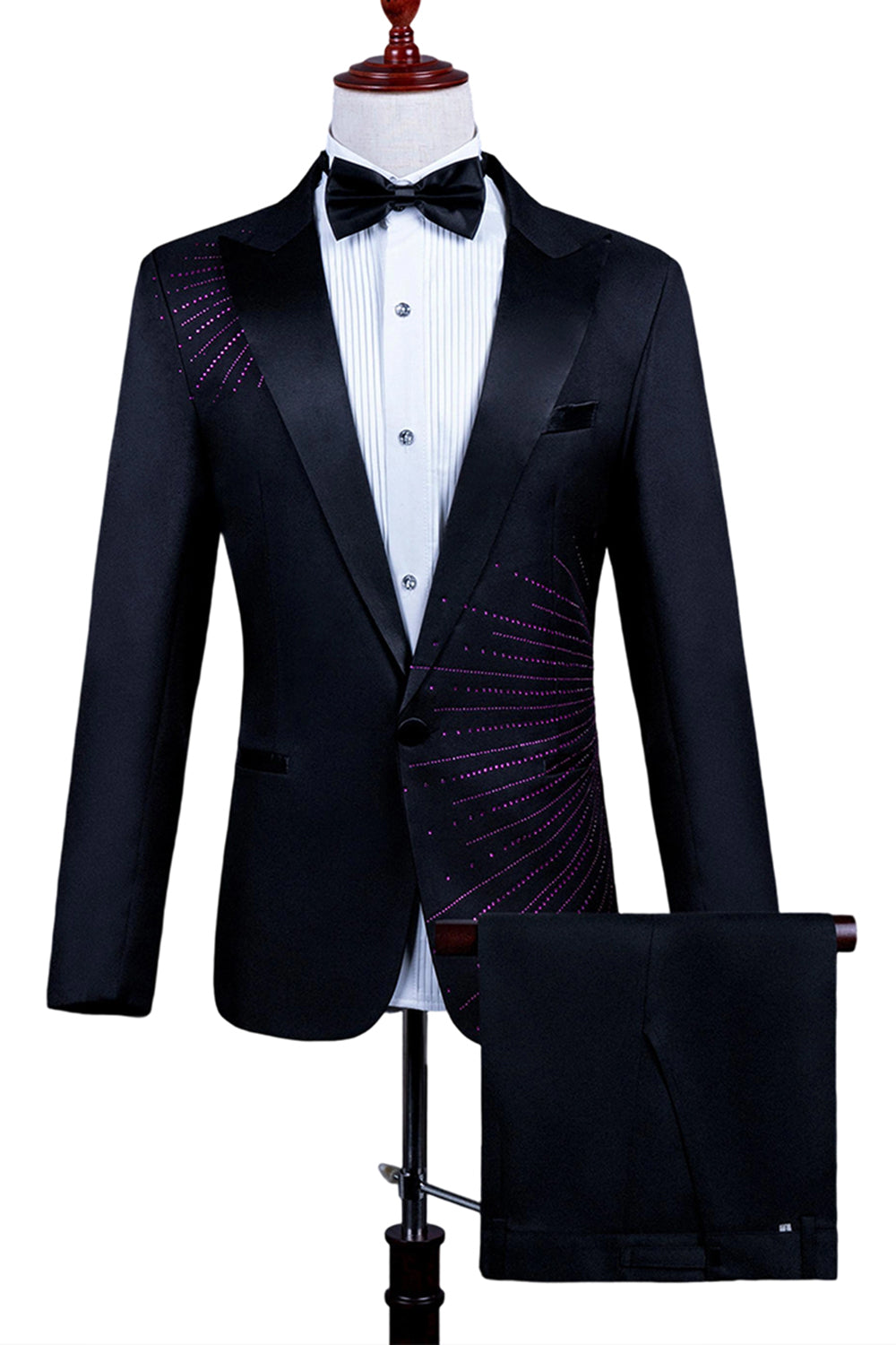2 Piece Peak Lapel One Button Black Men's Suit with Beading