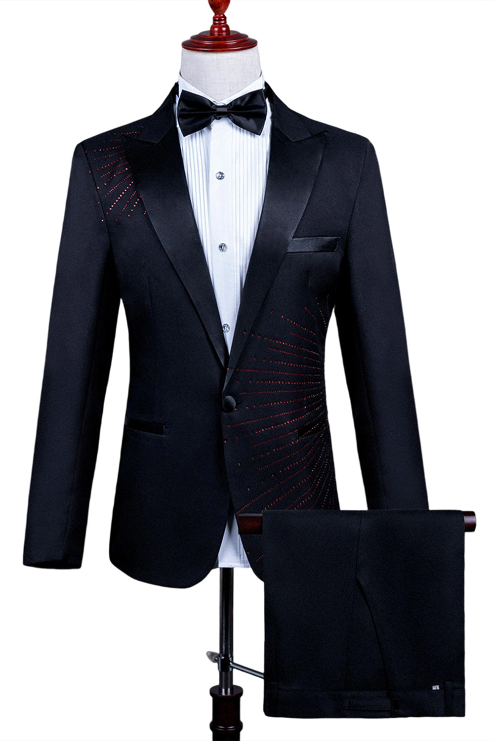 2 Piece Peak Lapel One Button Black Men's Suit with Beading
