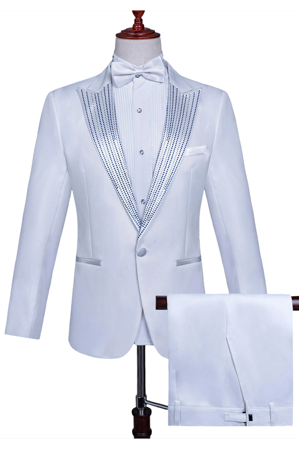 White Peak Lapel 2 Piece One Button Men's Prom Suit with Beading