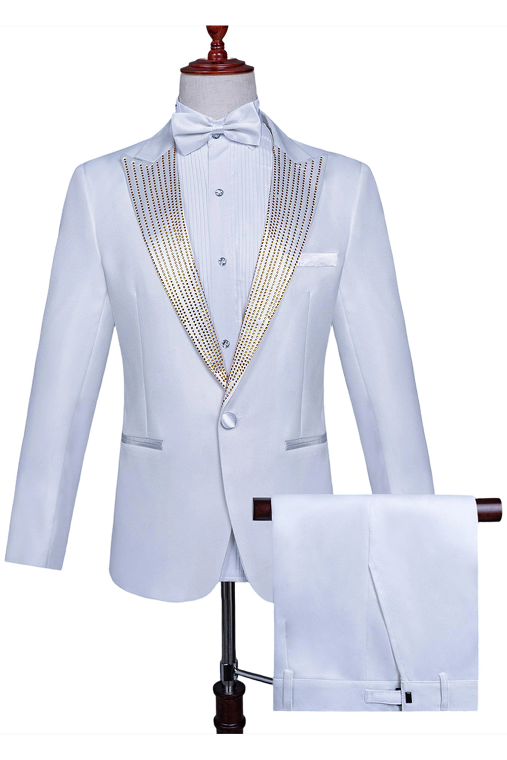 White Peak Lapel 2 Piece One Button Men's Prom Suit with Beading