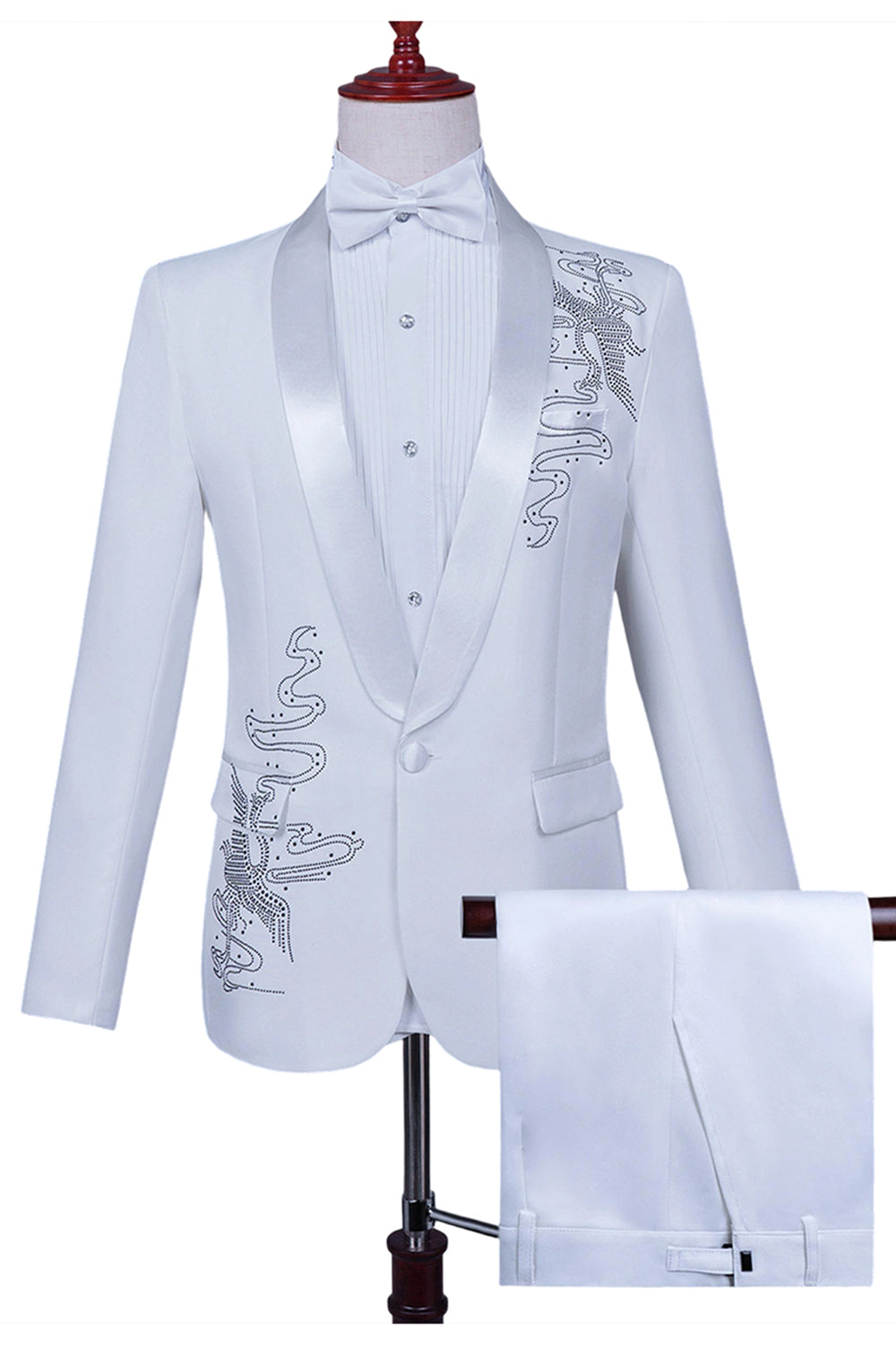White Shawl Lapel Slim Fit 2 Piece Men's Prom Suit with Beading