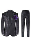 Sparkly Black Notched Lapel 2 Piece Men's Prom Suit with 3D Flower