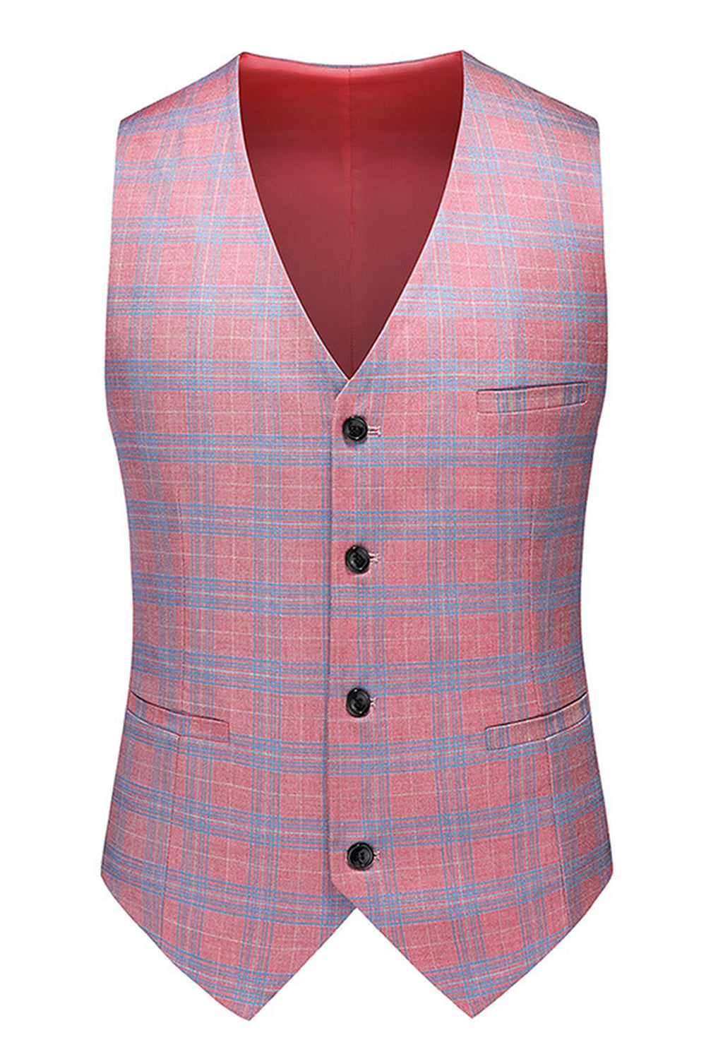 Pink Plaid Notched Lapel One Button 3 Piece Men's Suit