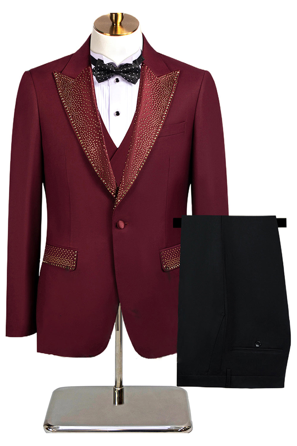 Black Peak Lapel Beaded 3-Piece Men Suits